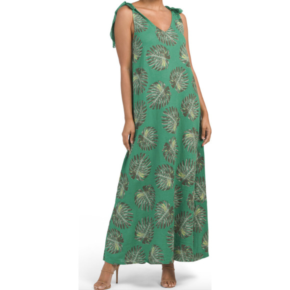 Cristina Vergani Linen Palm Leaf Tropical Tie Strap Sleeveless Dress - Picture 2 of 6